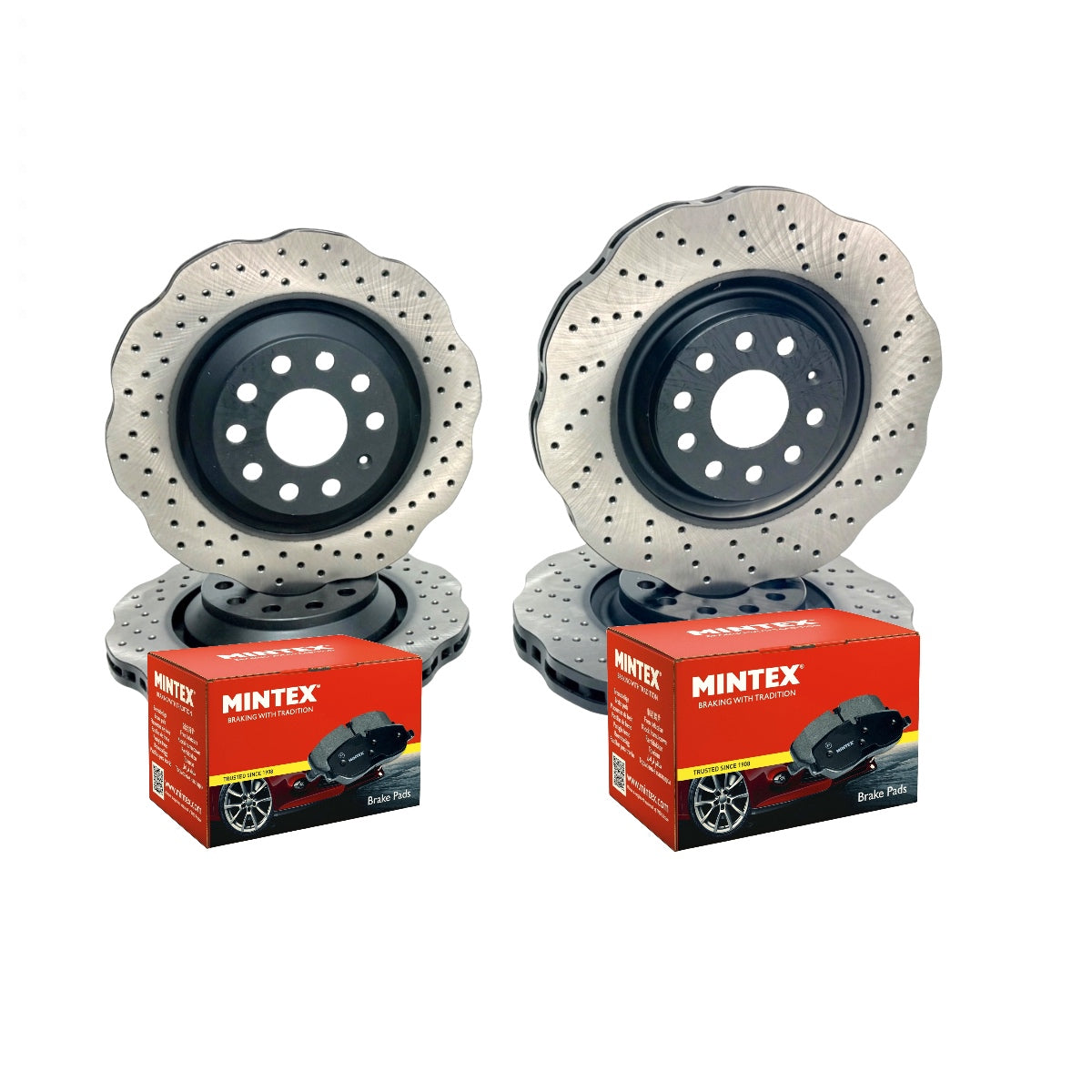 VW Golf MK7 2.0 R Front & Rear Wavy Drilled Brake Discs & Mintex Pads 340/310mm